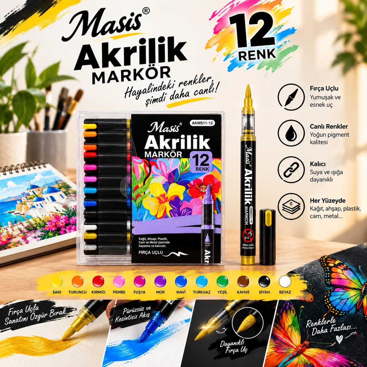 12 Renk Akrilik Markör